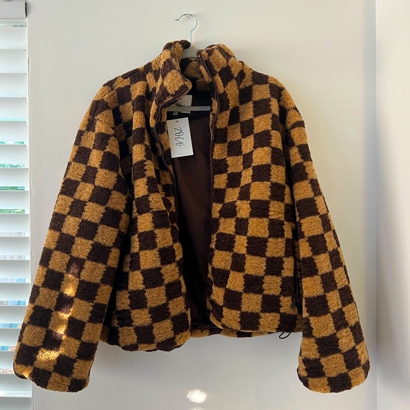 Brown and Black Checkered Fleece Jacket - Picture 1 of 6